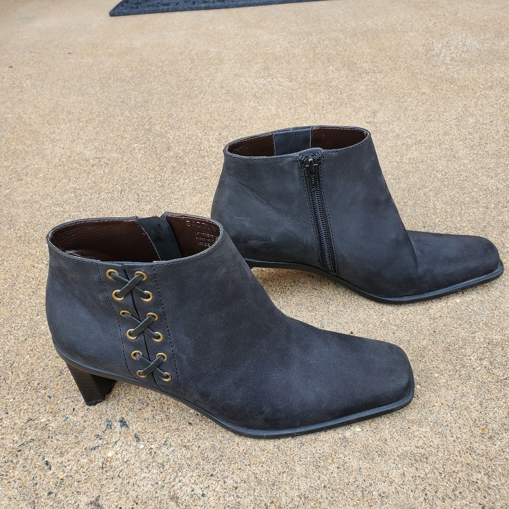 Etienne Aigner Charcoal Gray Square Toe Leather Bootie, Size 8